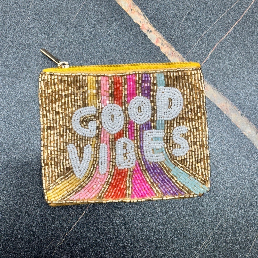 Gold Multicolor Beaded Pouch Bag with Vibrant Design